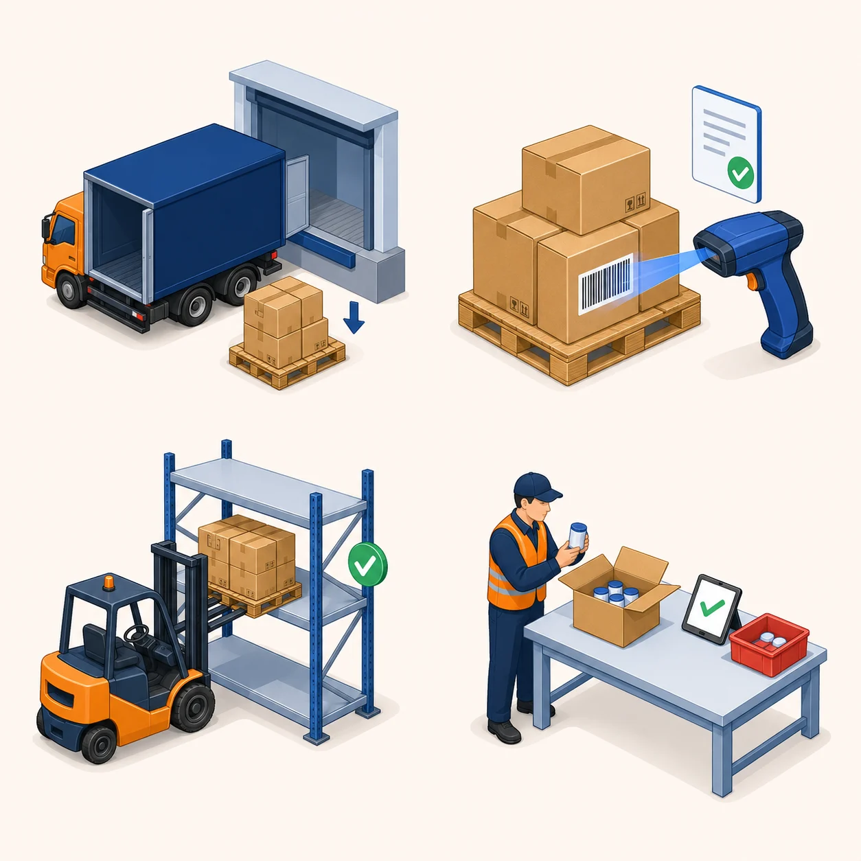 FAST WMS inbound process showing goods arrival, barcode scanning and GRN creation, quality inspection, and confirmed put-away into warehouse storage.